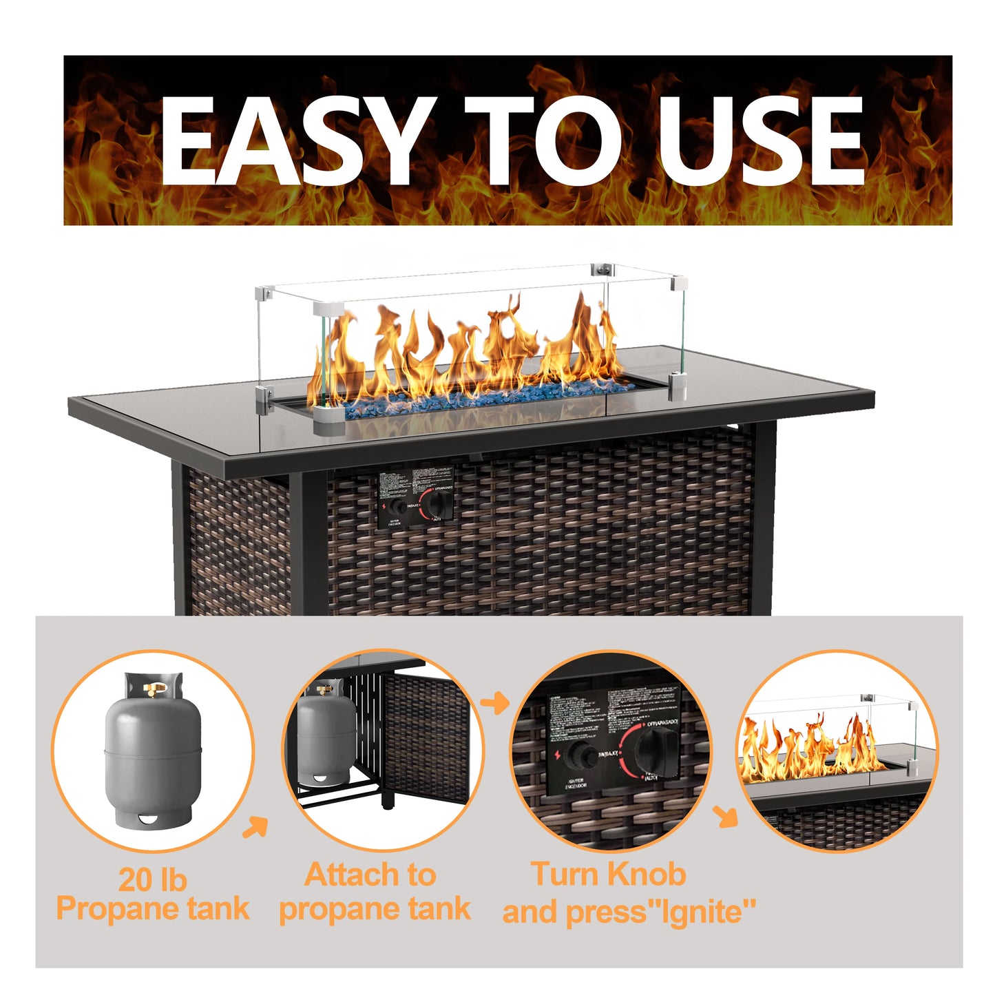42 Inch Gas Fire Pit Table, 50,000 BTU Propane Pits for Outside with Steel Lid and Waterproof Cover, 2 in 1 Firepit Table