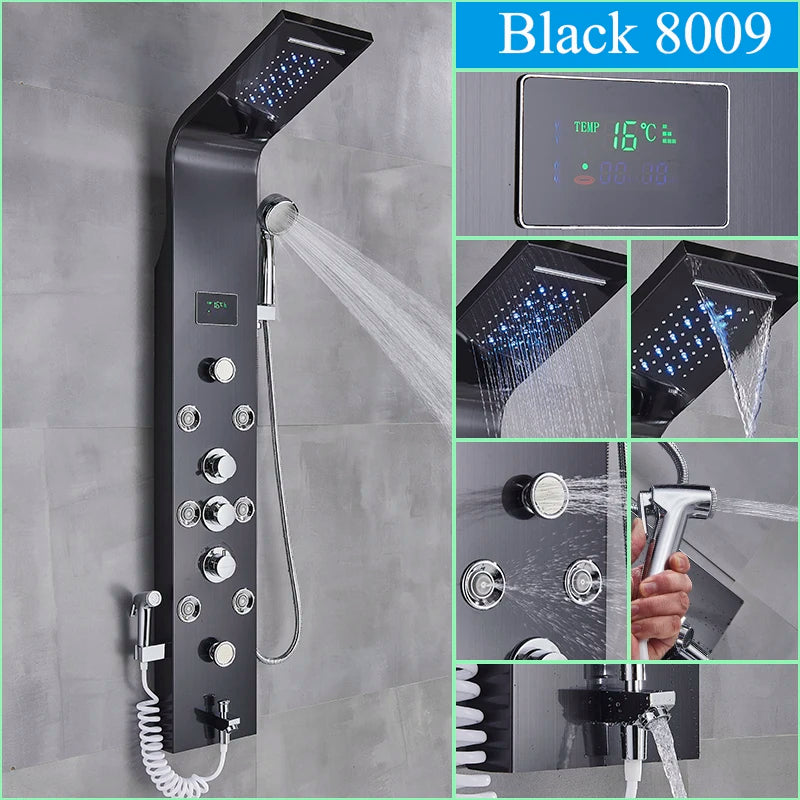 Golden LED Blue Light Bathroom Shower System With Temperature Display Multifunctional Massage Shower Column Waterfall  Rainfall