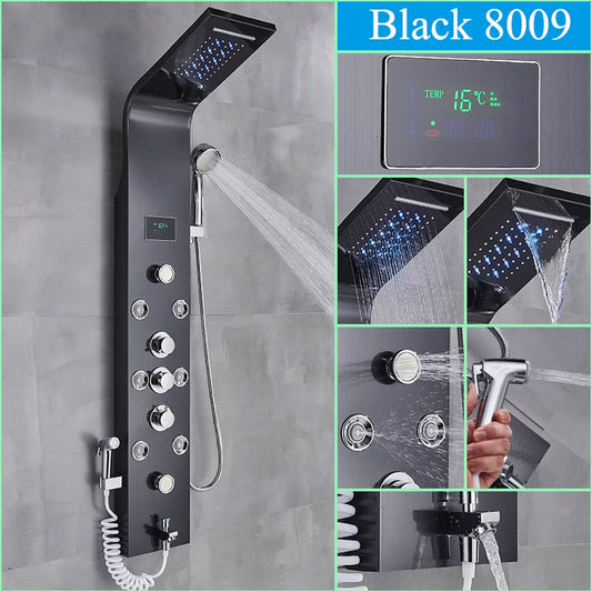 Golden LED Blue Light Bathroom Shower System With Temperature Display Multifunctional Massage Shower Column Waterfall  Rainfall