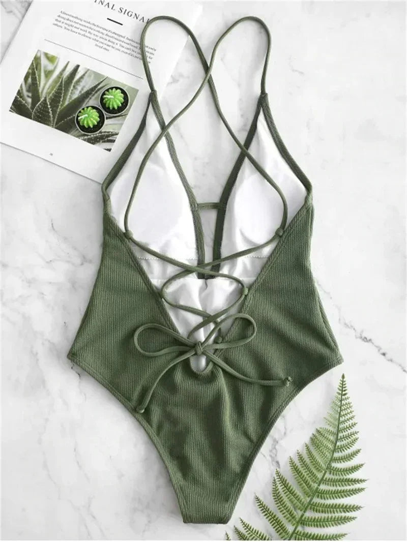 Sexy Solid Green Black Swimwear Women High Cut One Piece Swimsuit Backless High Waist Swim Suit Beach Bathing Suit Monokini 2024