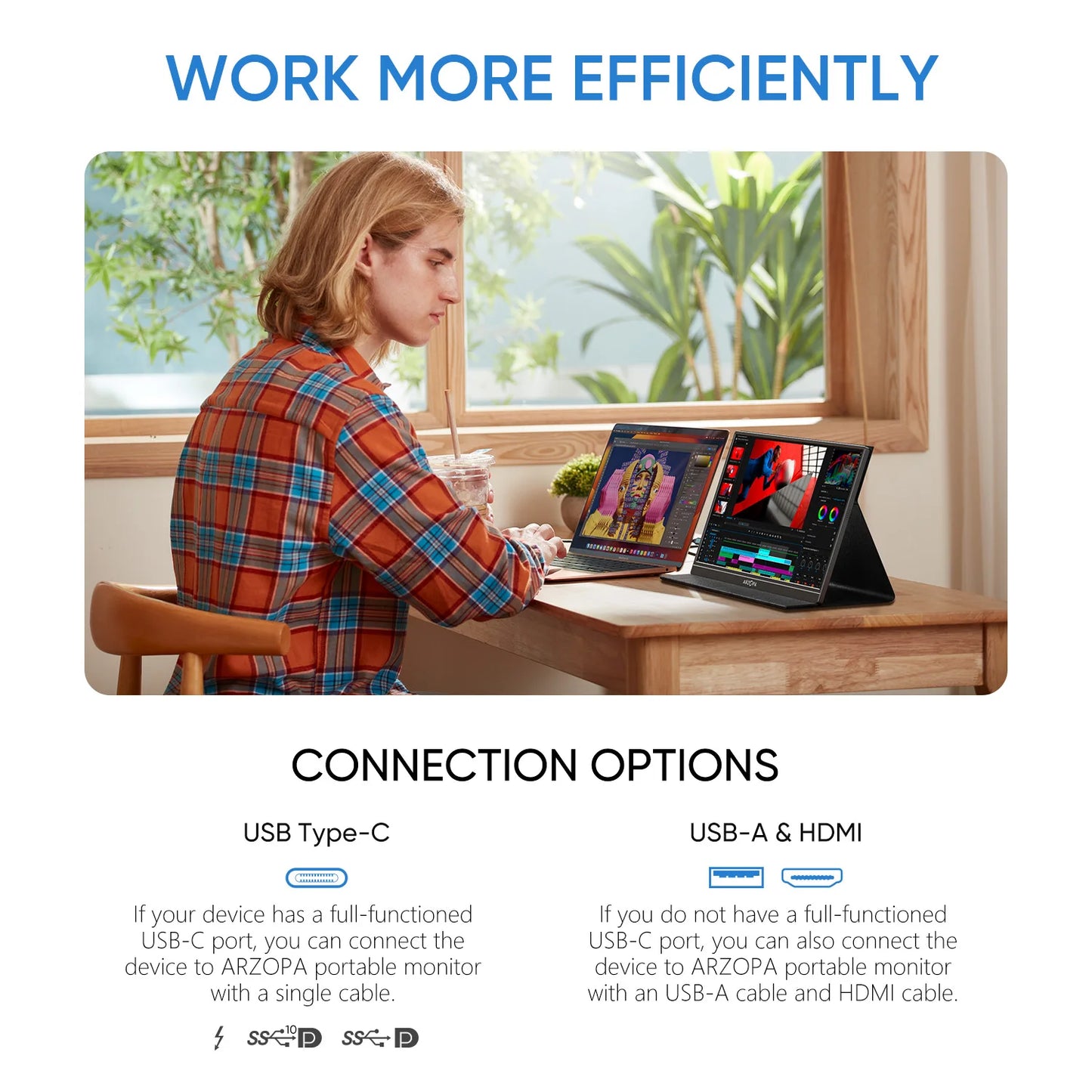 ARZOPA  1080P Portable Monitor 15.6 inch Monitors for Laptop MAC Switch Xbox Phone ps4 PC USB C HDMI-Compatible Computer Display