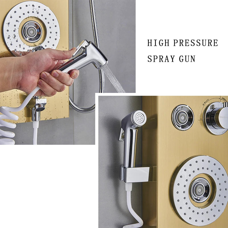 Golden LED Blue Light Bathroom Shower System With Temperature Display Multifunctional Massage Shower Column Waterfall  Rainfall