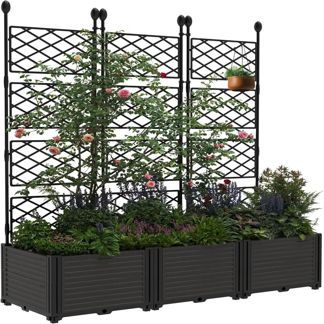 Plastic Plant Box with Metal Trellis, Raised Garden Bed with Trellis Planter for Climbing Plant Outdoor Raised Box Privacy Scree