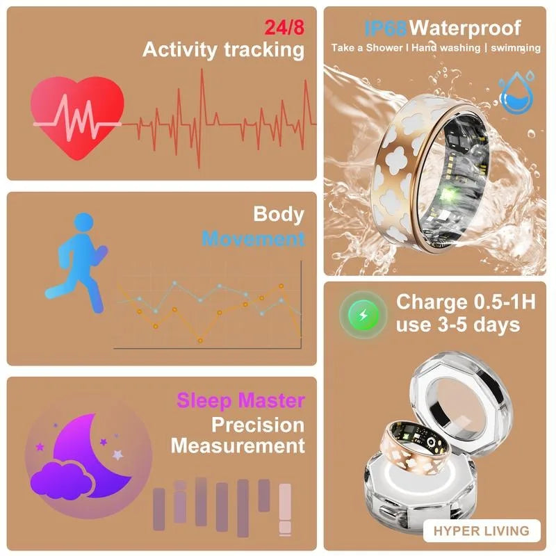Smart Ring Fitness Tracker with Beautiful Crystal Charging Case, Step, Distance, Calories, Sleep Tracker, Activity Tracker