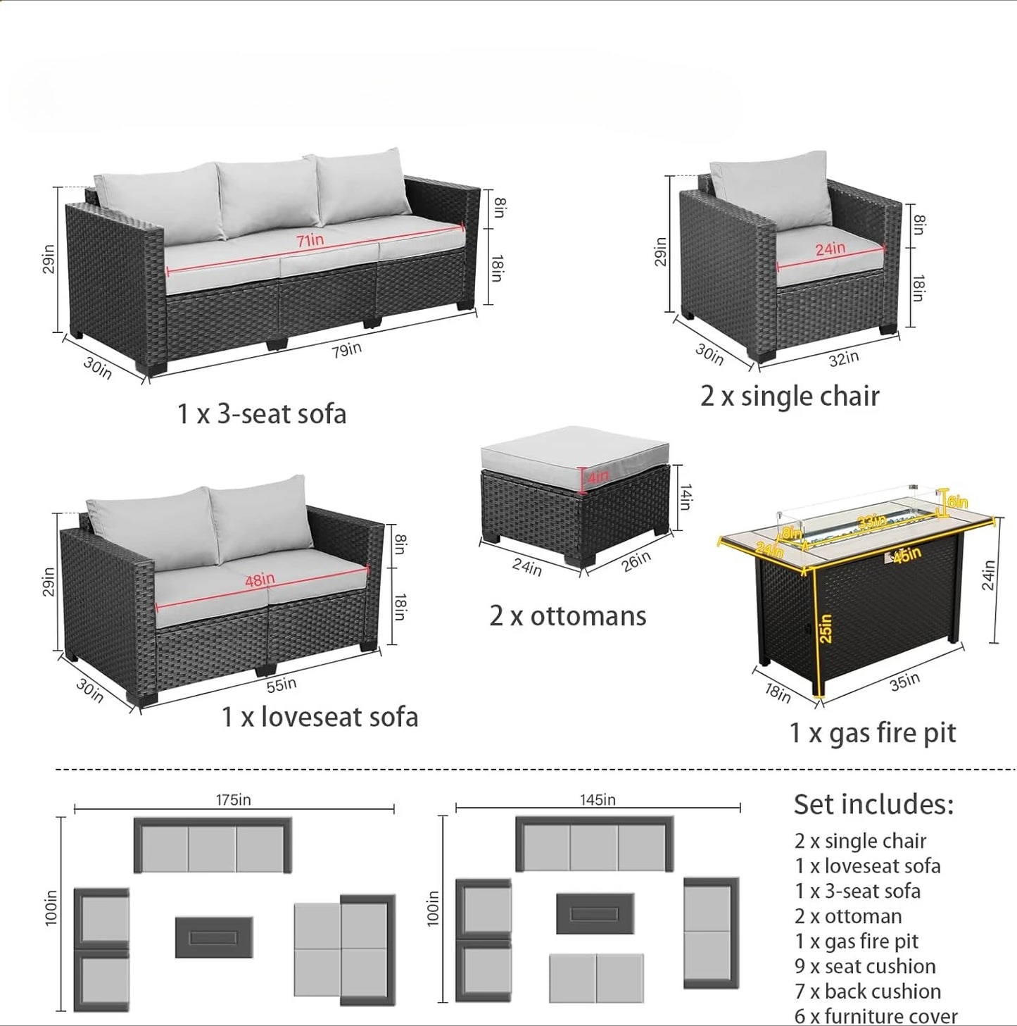 7 Piec Outdoor Furniture Set with 45-Inch Propane Fire Pit Table, No-Slip Cushions and Waterproof Covers, Wicker Furniture Set