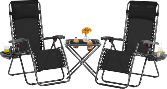 3PCS Zero Gravity Recliner Portable Outdoor Reclining Chair Set w/Side Table Folding Chaise Lounge Chairs for Patio Beach Deck G