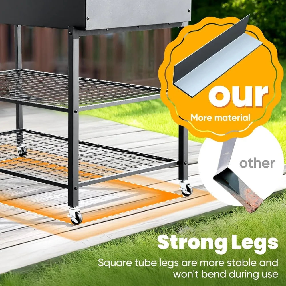 KING BIRD Raised Garden Bed with Legs & Double-Layer Storage Shelf, Galvanized Elevated Planter Box with Lockable Wheels for Bac