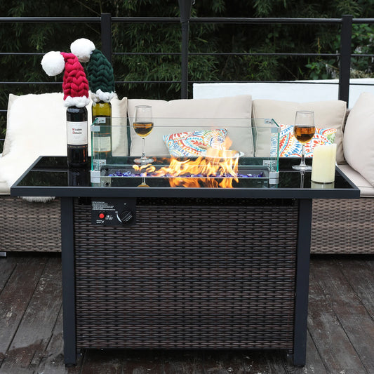 42 Inch Gas Fire Pit Table, 50,000 BTU Propane Pits for Outside with Steel Lid and Waterproof Cover, 2 in 1 Firepit Table