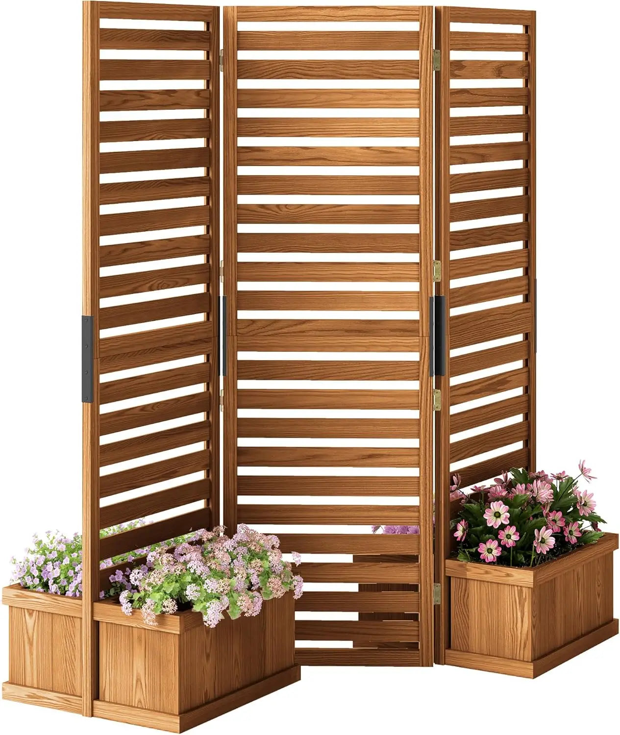 Freestanding Outdoor Privacy Screen, 4 Self-Draining Planters/Raised Garden Beds, 3 Hinged Panels for Hot Tub, Patio, Backyard