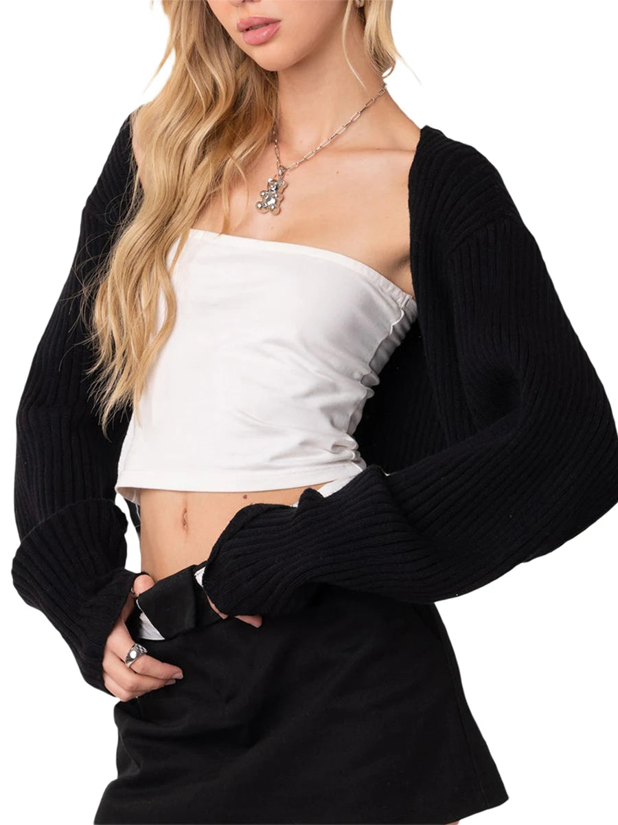 Women Fashion Wild Knitted Shrugs Solid Color Long Sleeve Open Front Sweater Coat Spring Fall Casual Cardigan