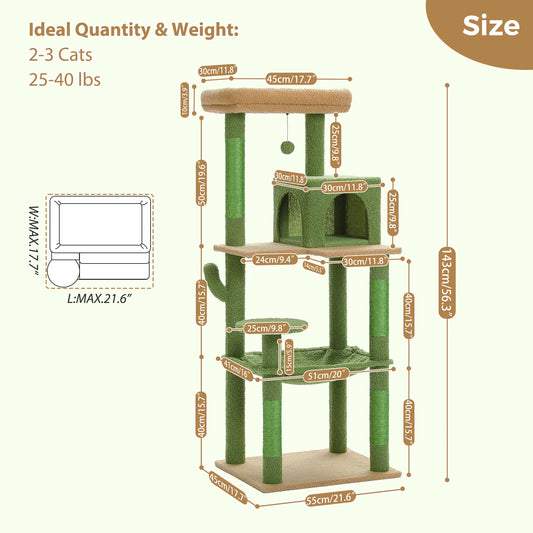 Cactus Cat Tree Tower for Large Cats with Metal Plush Big Hammock for Indoor Cats with 2 Door Condo House with Large Top Perch