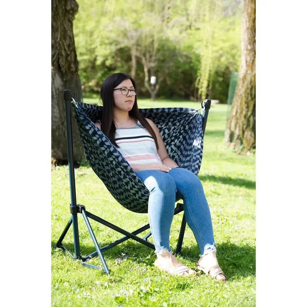 Steel Folding Hammock Chair Padded Seat Outdoor Relaxation Camping Portable Blue Water-Resistant 38" x 37" x 33" 300 lbs.