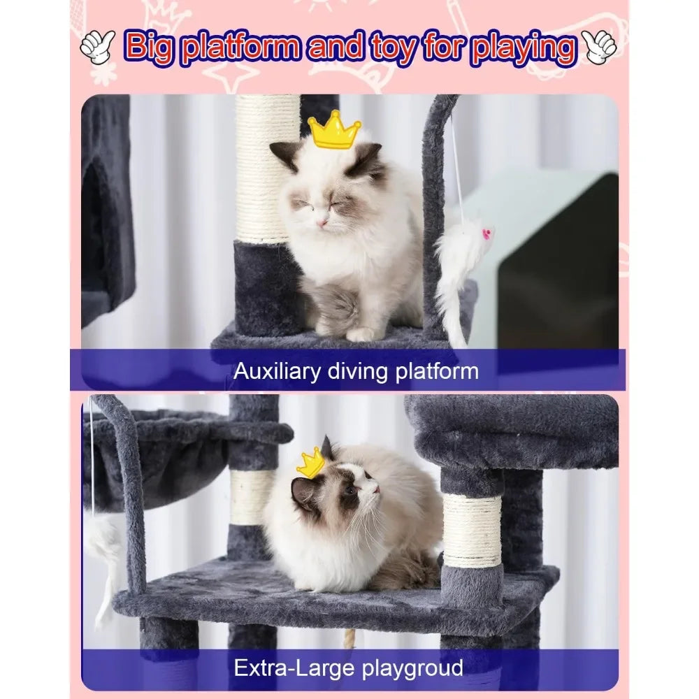 Cat Tree, Cat Tower for Large Cats with 2 Big Platforms, 2 Baskets, condo and Toys, 63" Cat Scratching Posts for Indoor Cats