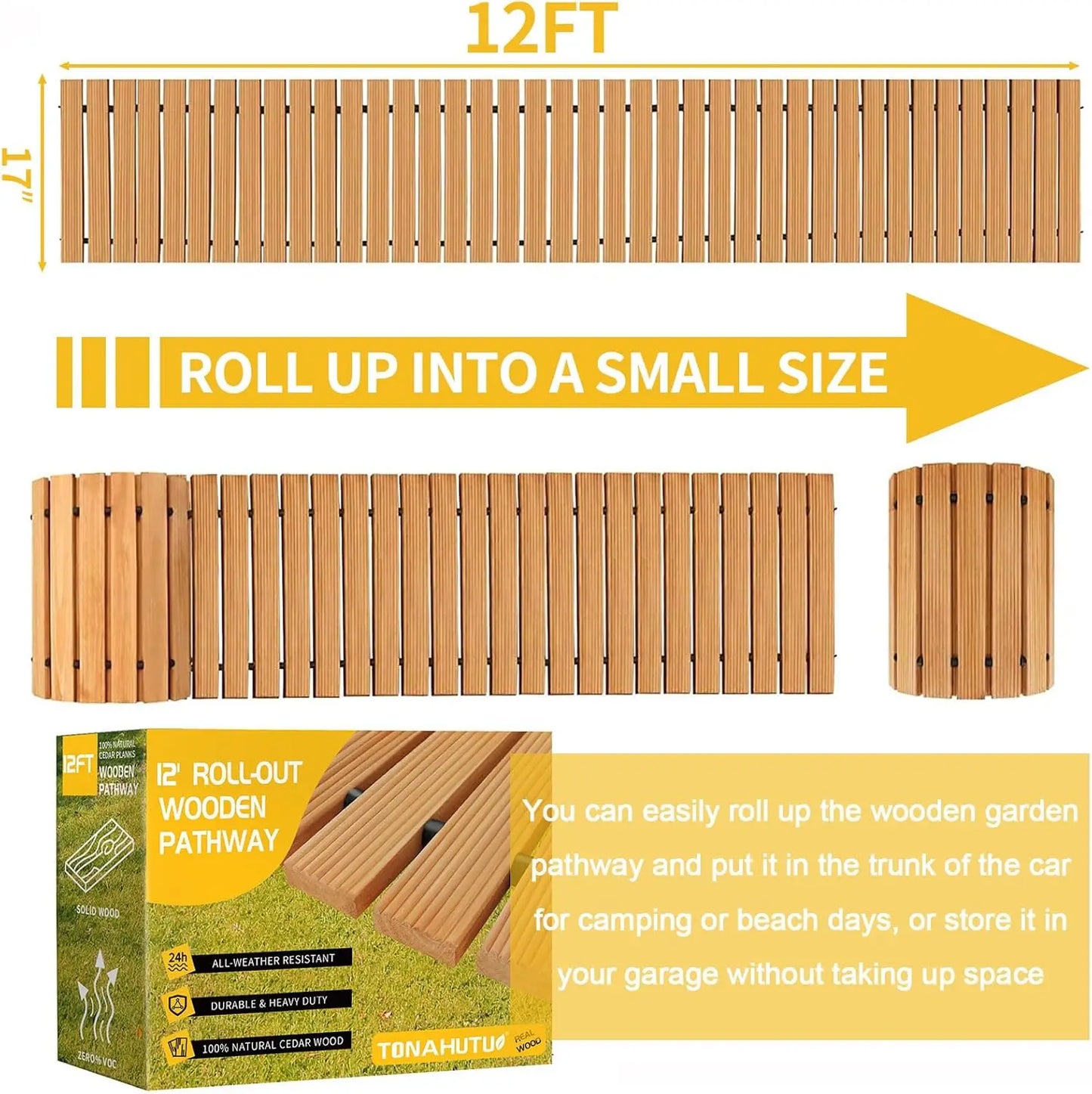 12FT Wooden Garden Pathway，Roll Out Wooden Pathway Weather-Resistant Walkway for Outdoor Patios 17" W