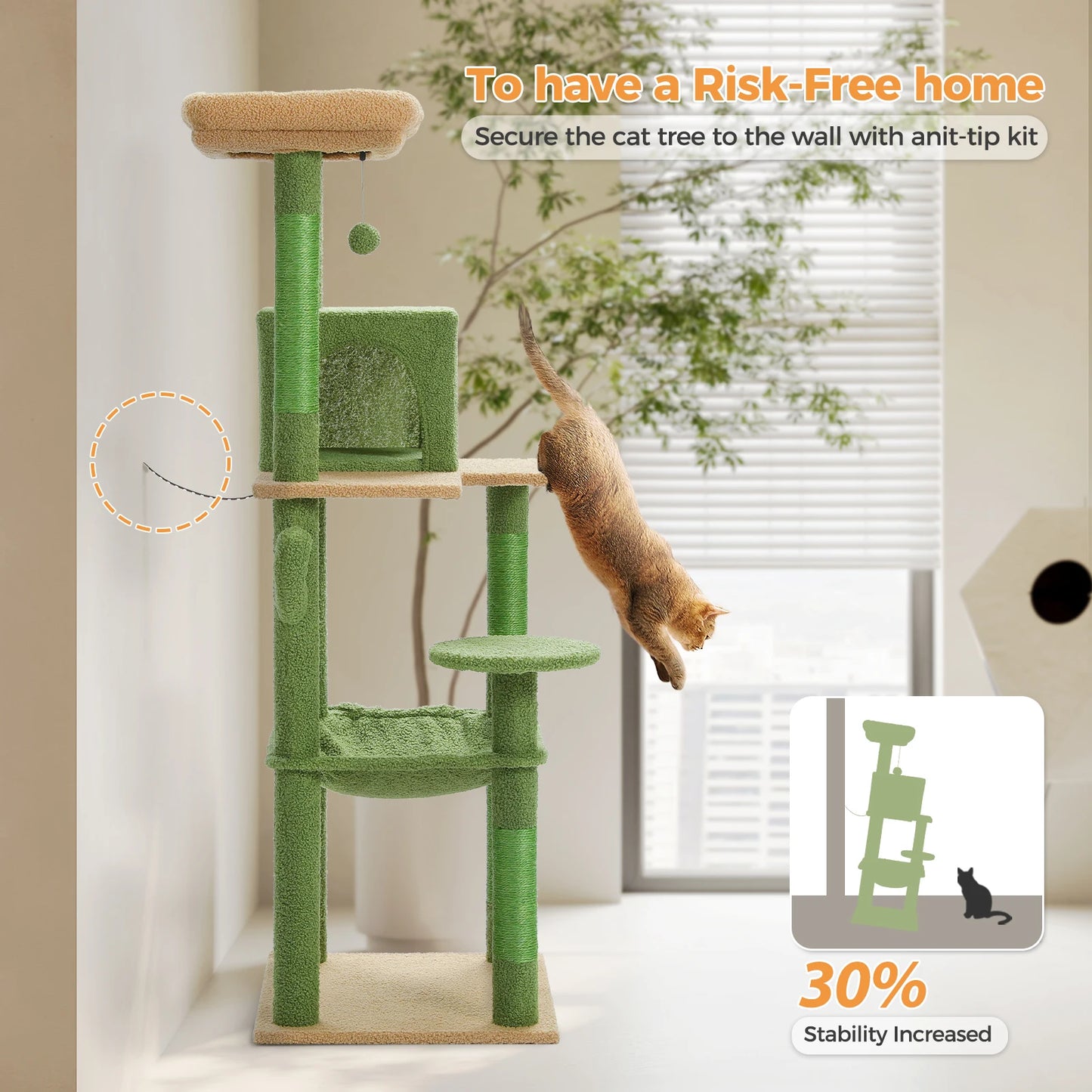 Cactus Cat Tree Tower for Large Cats with Metal Plush Big Hammock for Indoor Cats with 2 Door Condo House with Large Top Perch