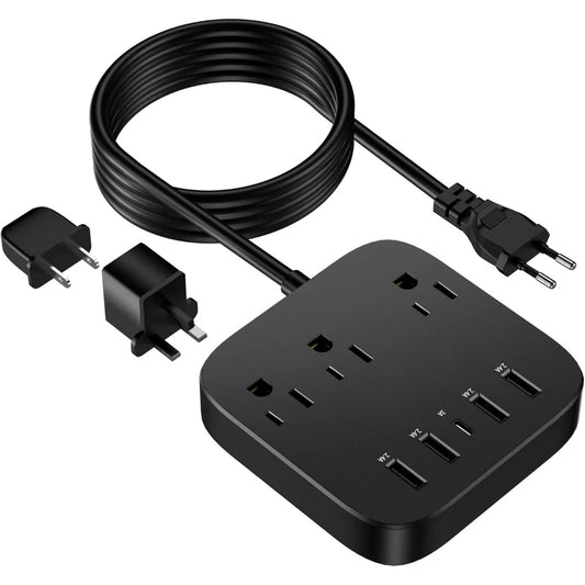 European Travel Adapter, EU/UK/US Power Strip with USB-C, 4 USB Ports, 3 AC Outlets, Wall Mount, 5ft Cord