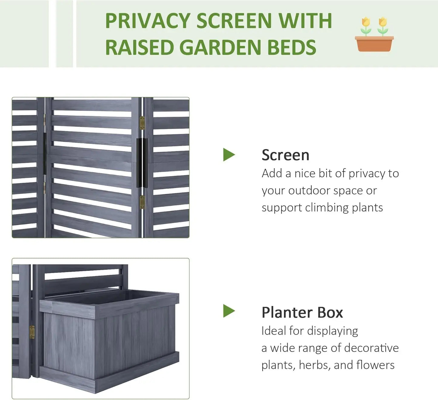 Freestanding Outdoor Privacy Screen, 4 Self-Draining Planters/Raised Garden Beds, 3 Hinged Panels for Hot Tub, Patio, Backyard