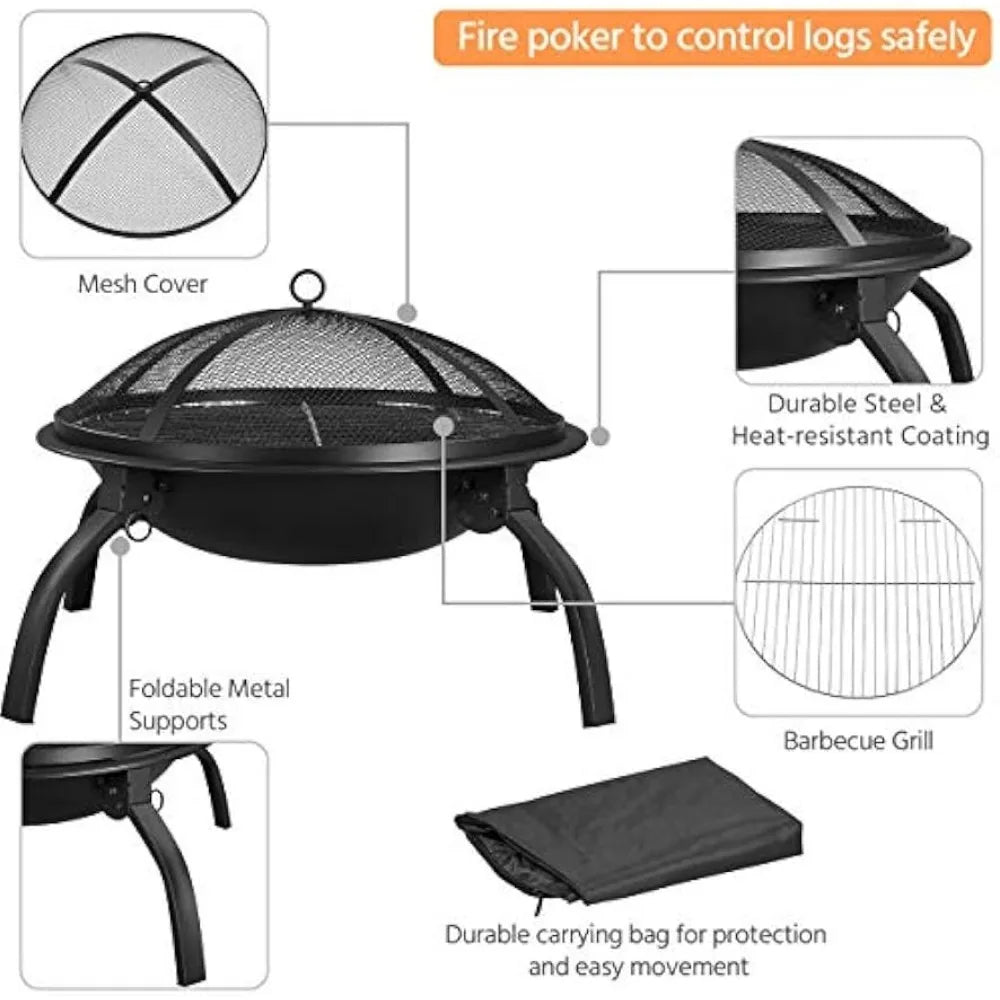21inch Fire Pit Portable Folding Steel Fire Bowl Garden Treasures Fire Pit for Outside Fireplace with Carrying Bag, Spark Scree