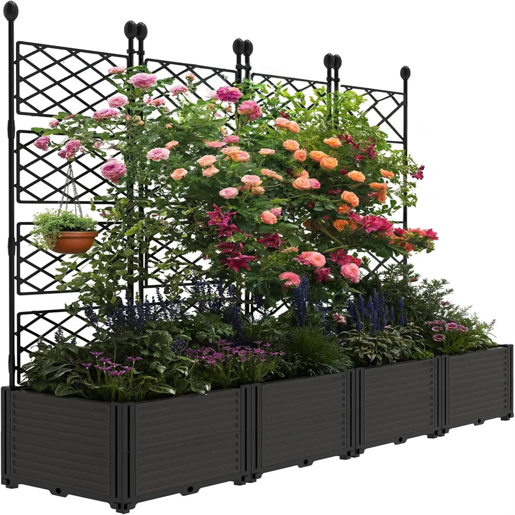 Plastic Plant Box with Metal Trellis, Raised Garden Bed with Trellis Planter for Climbing Plant Outdoor Raised Box Privacy Scree