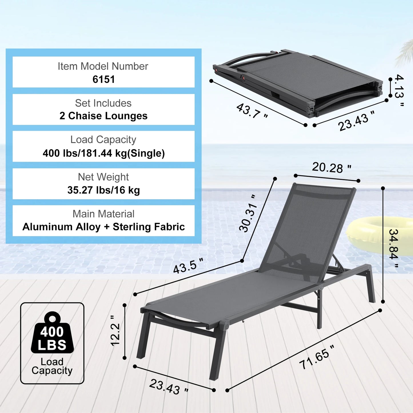 VEVOR Chaise Lounge Chair Outdoor Aluminum Patio LoungeFolding Pool Lounge Recliner Full Flat for Patio Beach Pool Dark Grey