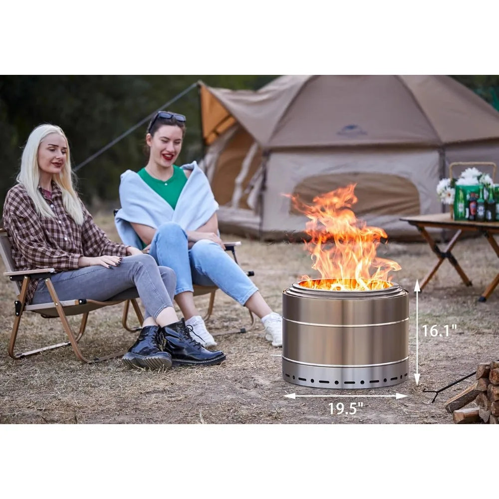 Smokeless Fire Pit 19 Inch for Outdoor Wood Burning, Stainless Steel Portable Firepit with Ash Pan, Low Smoke Patio Bonfire for