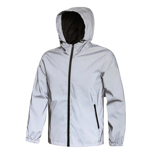 Mens Double Fabric Night Reflective Jackets Hip Hop Dancer Singer Waterproof Zipper Coats Outwear Windbreaker Hooded Jacket