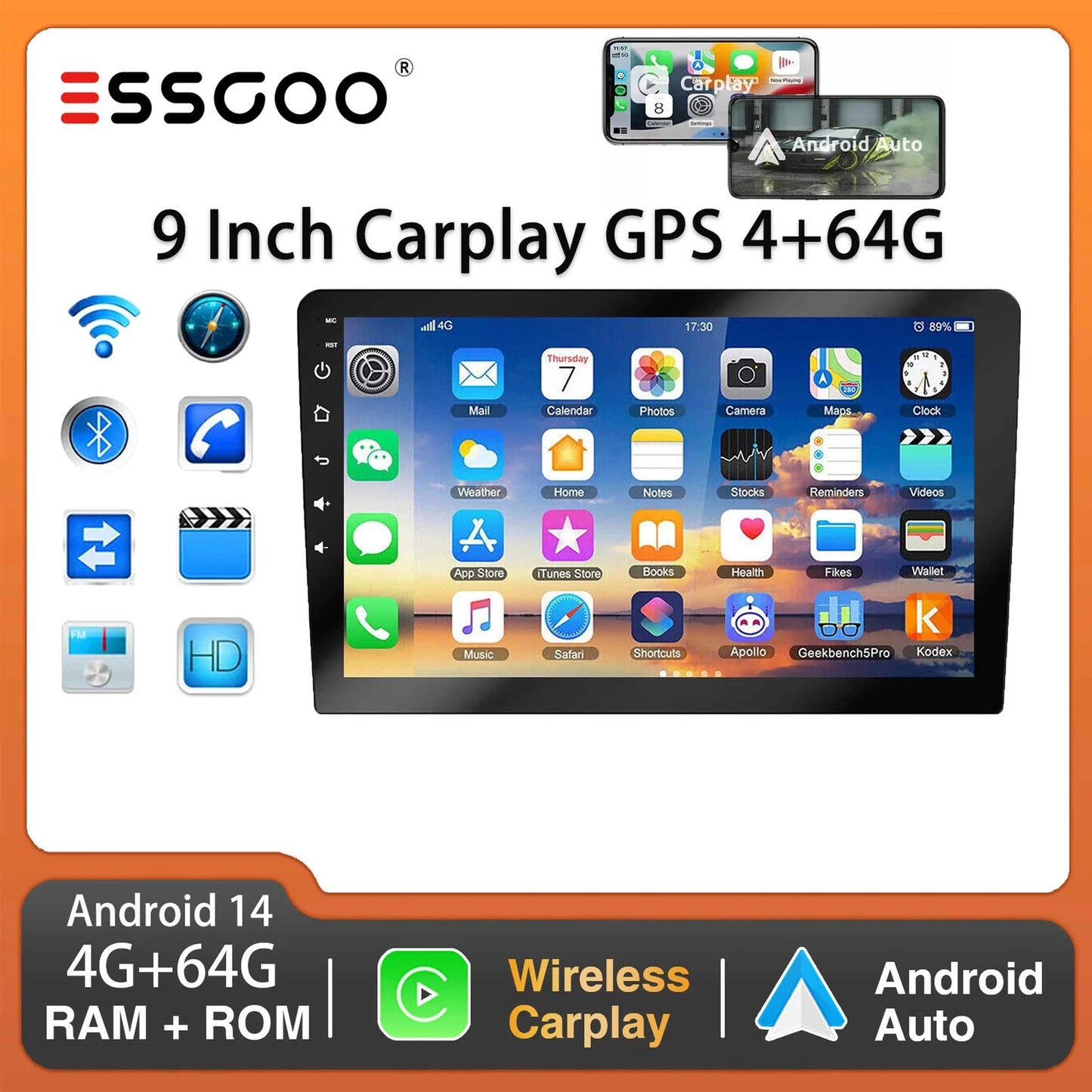 ESSGOO 9Inch 2 DIN Car Stereo Radio Wirless Carplay Android Auto Car Stereo Bluetooth 64G GPS Navigation RDS WiFi USB FM DAB+CAM