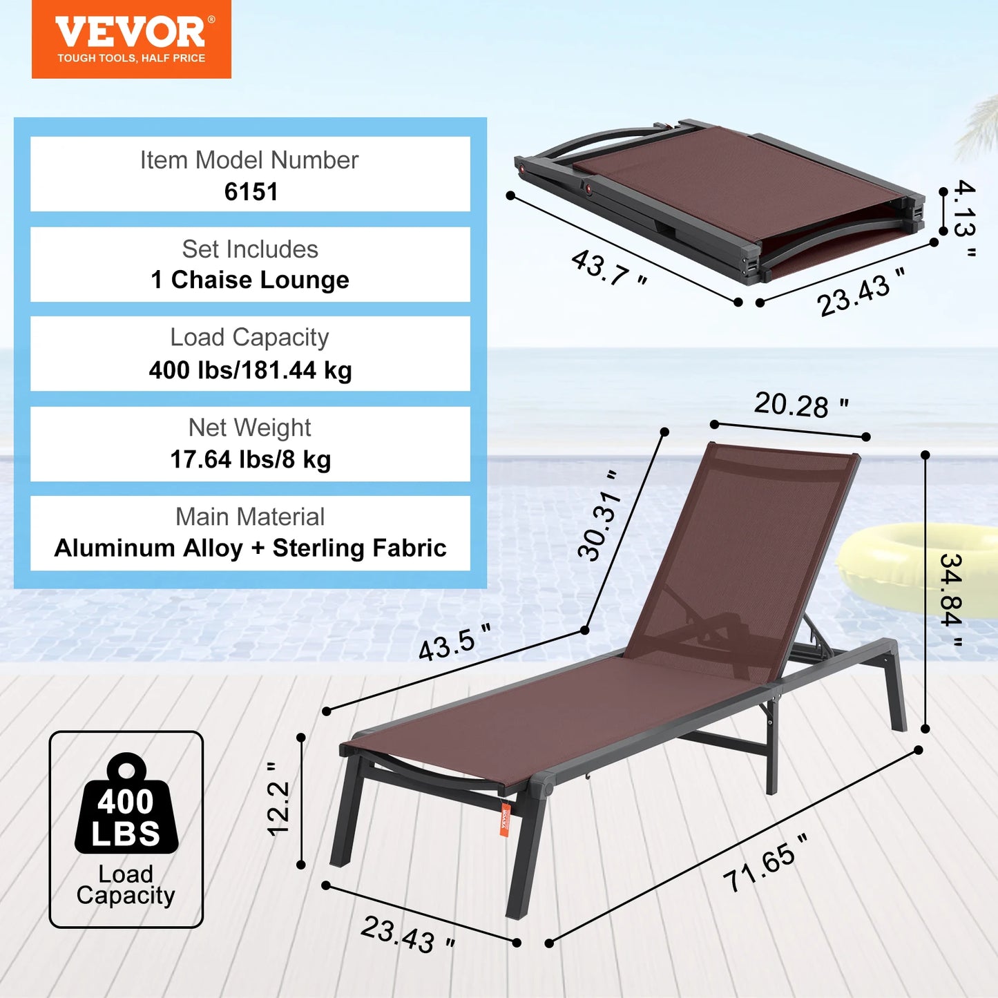 VEVOR Chaise Lounge Chair Outdoor Aluminum Patio LoungeFolding Pool Lounge Recliner Full Flat for Patio Beach Pool Dark Grey