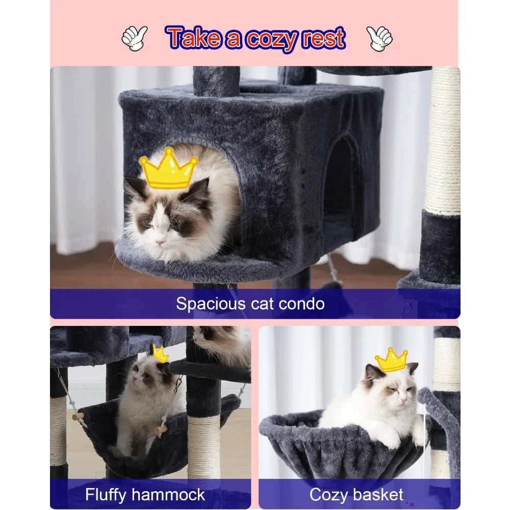 Cat Tree, Cat Tower for Large Cats with 2 Big Platforms, 2 Baskets, condo and Toys, 63" Cat Scratching Posts for Indoor Cats