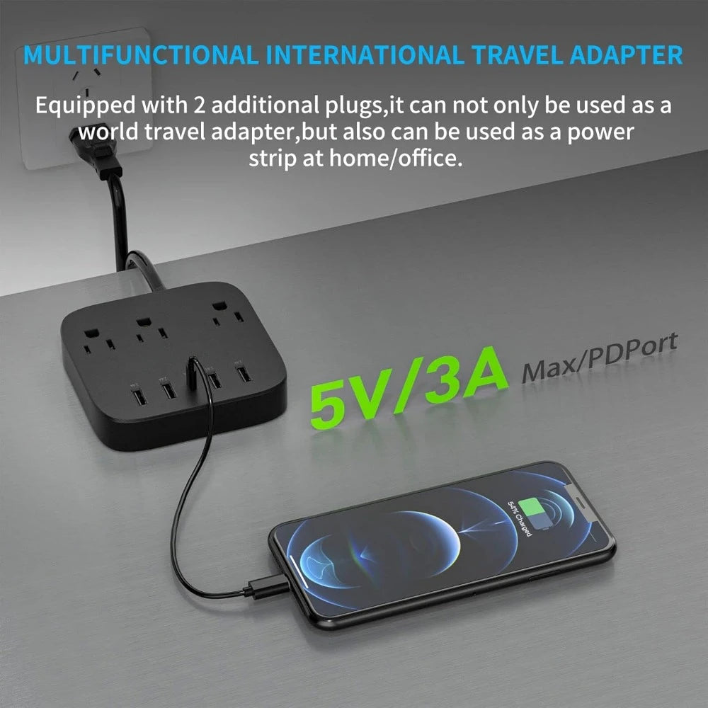 European Travel Adapter, EU/UK/US Power Strip with USB-C, 4 USB Ports, 3 AC Outlets, Wall Mount, 5ft Cord