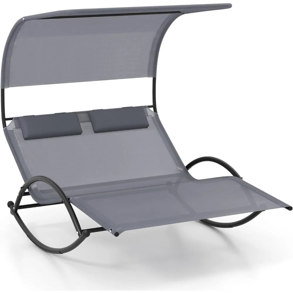 Outdoor Chaise Lounge Rocker, 2-Person Rocking Daybed Sun Lounger with Sun Shade Canopy & Headrest Pillows,
