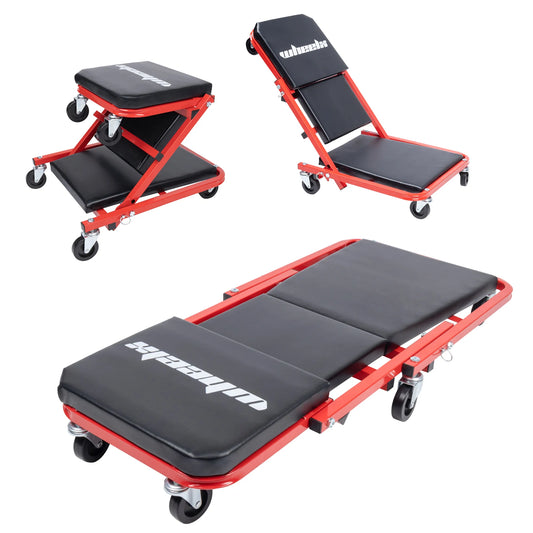 3-in-1 Rolling Mechanic Creeper Z Seat, Foldable Garage Chair Lay Down Sit Lean Back, Under Car Shop Auto Repair, Red Black