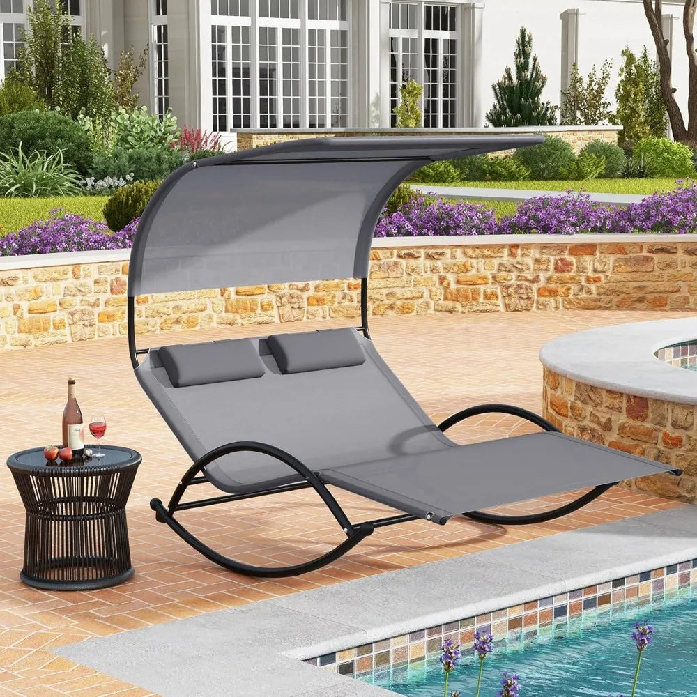 Outdoor Chaise Lounge Rocker, 2-Person Rocking Daybed Sun Lounger with Sun Shade Canopy & Headrest Pillows,