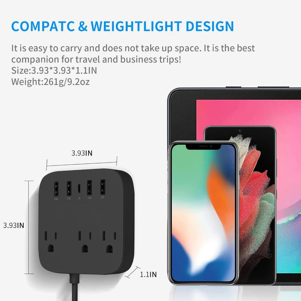 European Travel Adapter, EU/UK/US Power Strip with USB-C, 4 USB Ports, 3 AC Outlets, Wall Mount, 5ft Cord