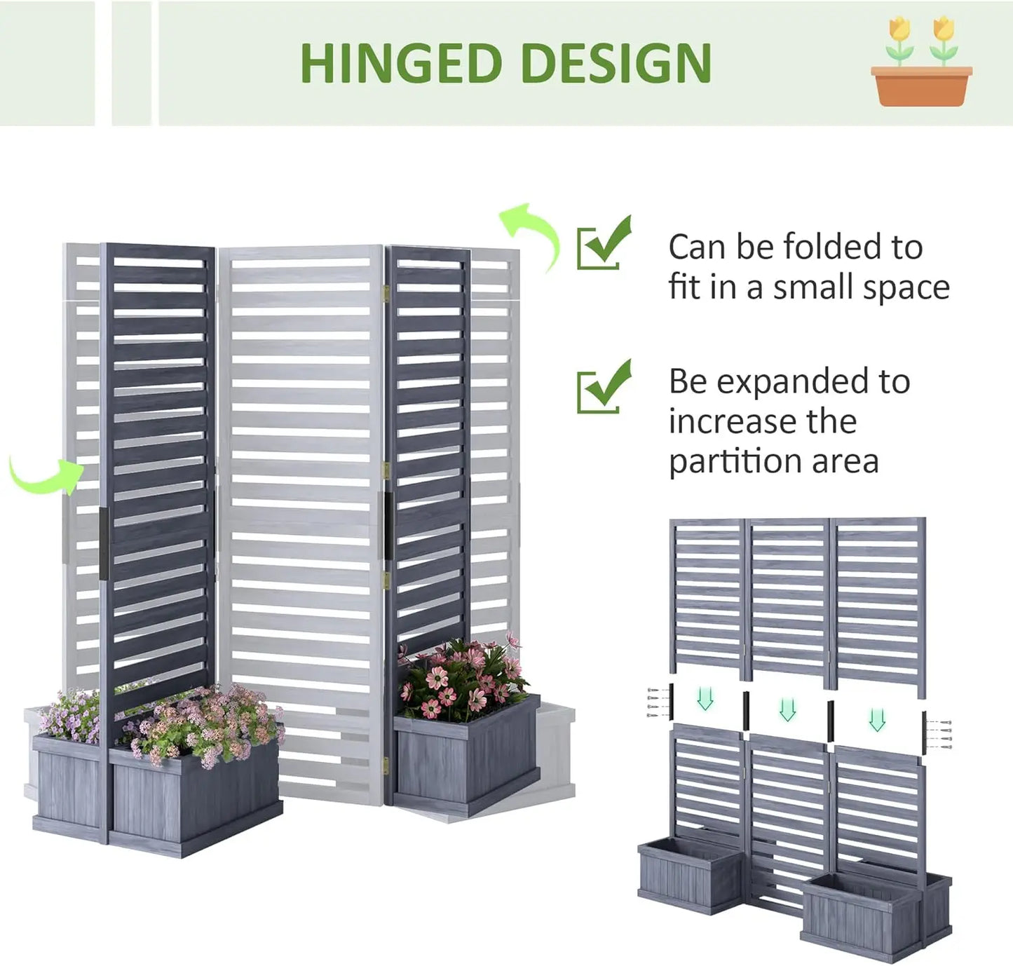 Freestanding Outdoor Privacy Screen, 4 Self-Draining Planters/Raised Garden Beds, 3 Hinged Panels for Hot Tub, Patio, Backyard