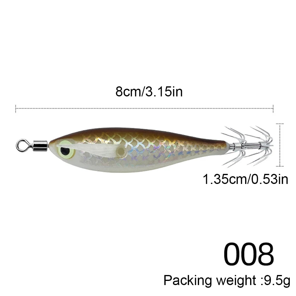 1-10PCS 9.5g Laser Luminous Squid Jig Floating Horizontal Wood Shrimp Egi Lure Bait Octopus Cuttlefish Fishing Baits 8cm