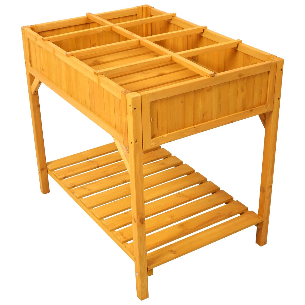 Raised Garden Bed with Legs, Wooden Elevated Planter Box with 8 Grids Divider & Protective Liner, Standing Garden Planter Bed