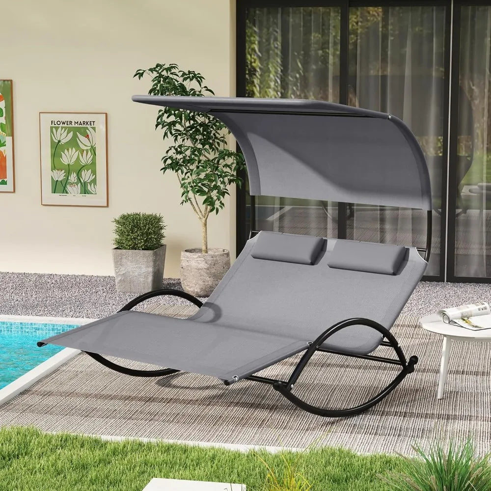 Outdoor Chaise Lounge Rocker, 2-Person Rocking Daybed Sun Lounger with Sun Shade Canopy & Headrest Pillows,