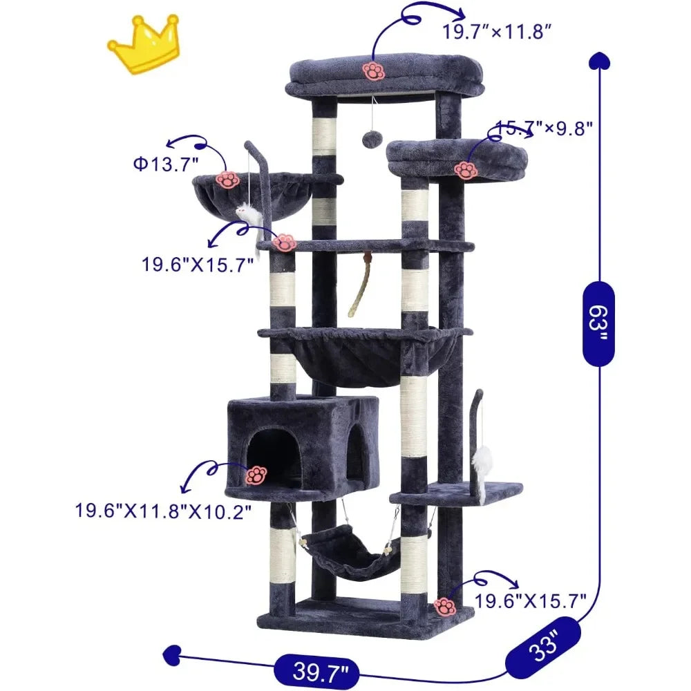Cat Tree, Cat Tower for Large Cats with 2 Big Platforms, 2 Baskets, condo and Toys, 63" Cat Scratching Posts for Indoor Cats