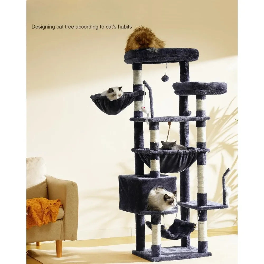 Cat Tree, Cat Tower for Large Cats with 2 Big Platforms, 2 Baskets, condo and Toys, 63" Cat Scratching Posts for Indoor Cats