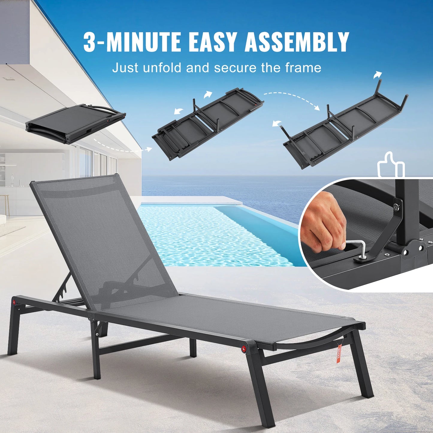 VEVOR Chaise Lounge Chair Outdoor Aluminum Patio LoungeFolding Pool Lounge Recliner Full Flat for Patio Beach Pool Dark Grey