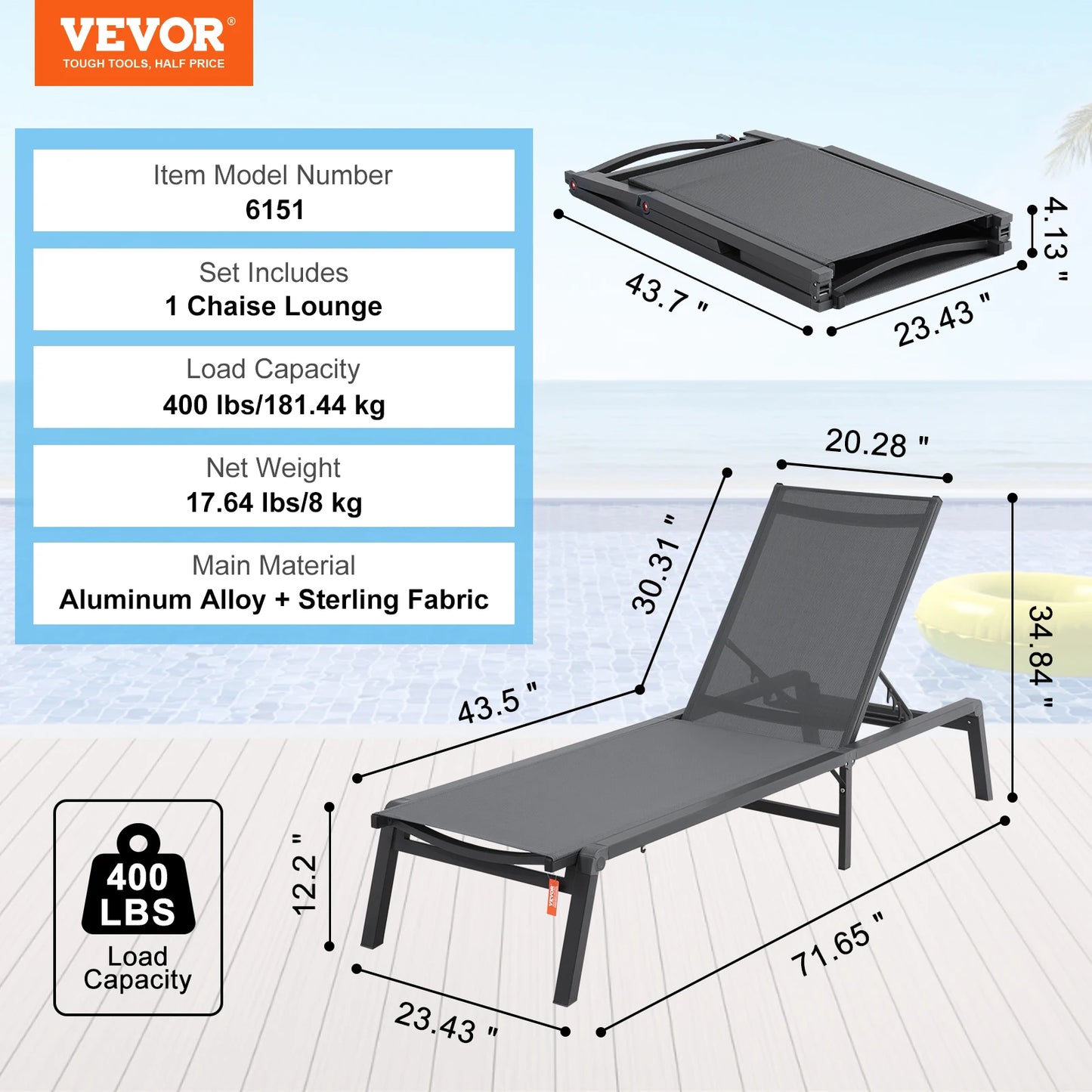 VEVOR Chaise Lounge Chair Outdoor Aluminum Patio LoungeFolding Pool Lounge Recliner Full Flat for Patio Beach Pool Dark Grey