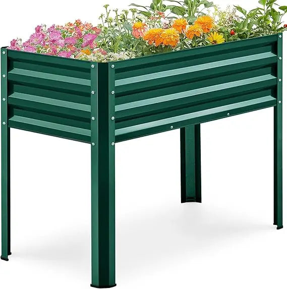 KING BIRD Raised Garden Bed with Legs & Double-Layer Storage Shelf, Galvanized Elevated Planter Box with Lockable Wheels for Bac