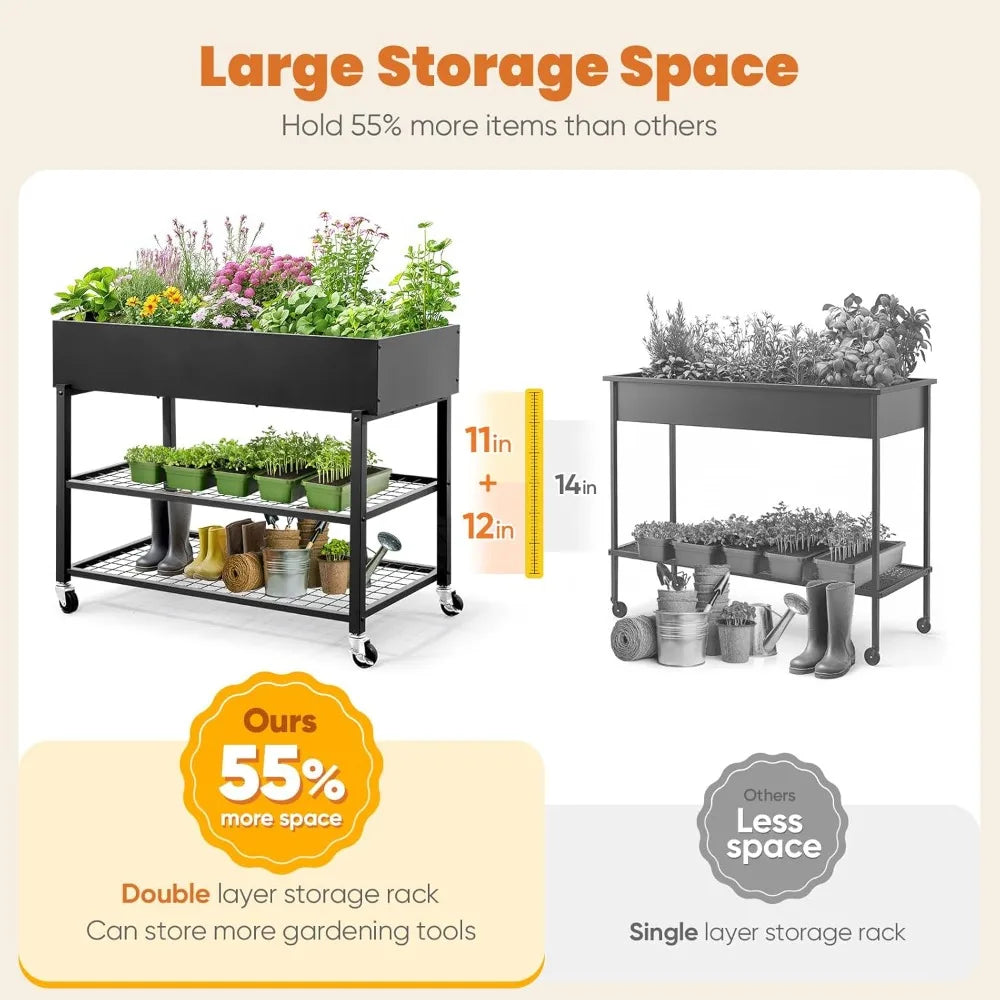 KING BIRD Raised Garden Bed with Legs & Double-Layer Storage Shelf, Galvanized Elevated Planter Box with Lockable Wheels for Bac