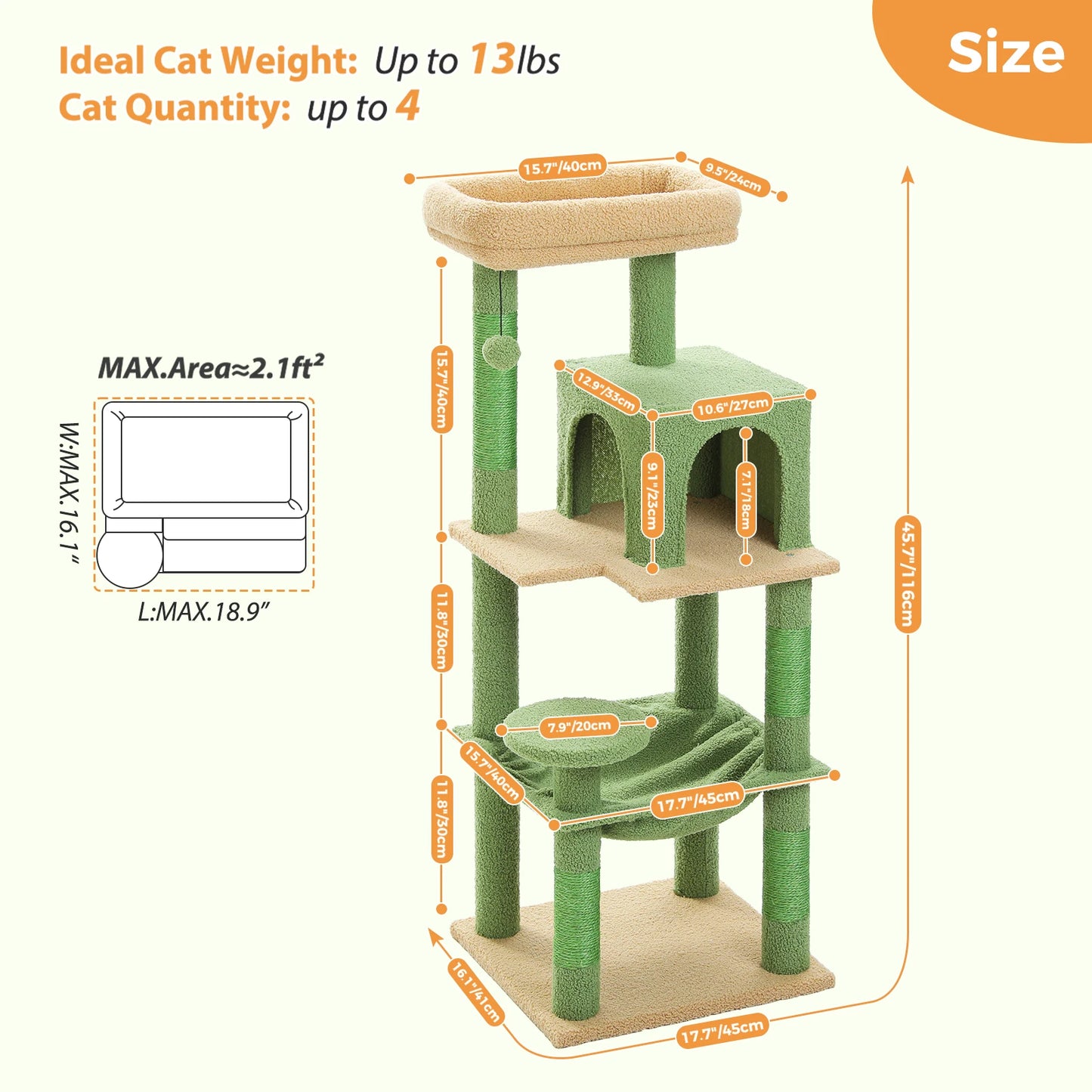 Cactus Cat Tree Tower for Large Cats with Metal Plush Big Hammock for Indoor Cats with 2 Door Condo House with Large Top Perch