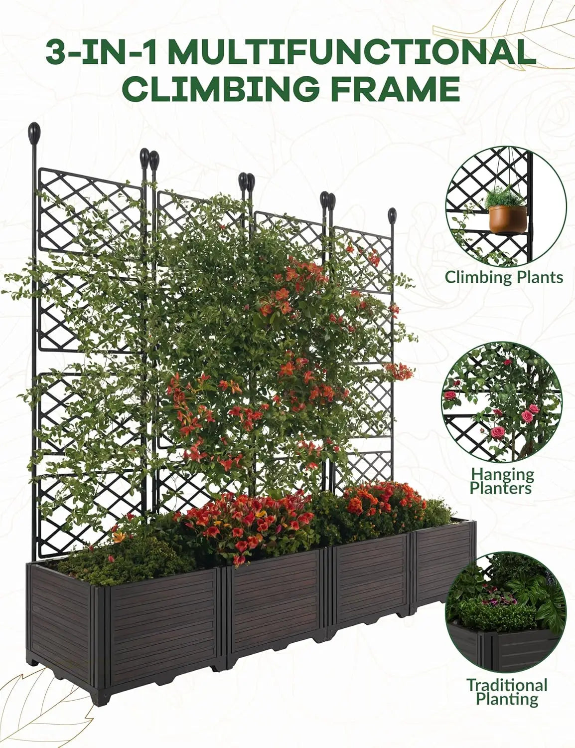 Plastic Plant Box with Metal Trellis, Raised Garden Bed with Trellis Planter for Climbing Plant Outdoor Raised Box Privacy Scree