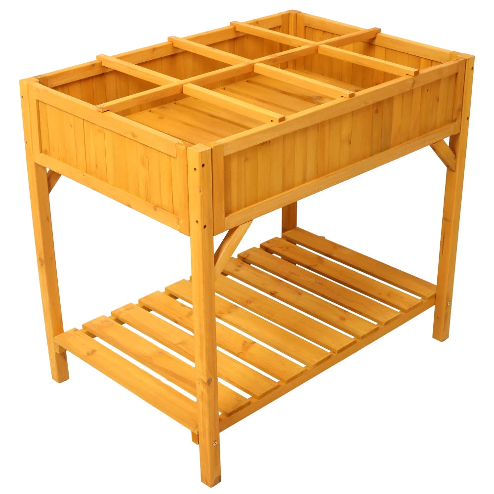 Raised Garden Bed with Legs, Wooden Elevated Planter Box with 8 Grids Divider & Protective Liner, Standing Garden Planter Bed