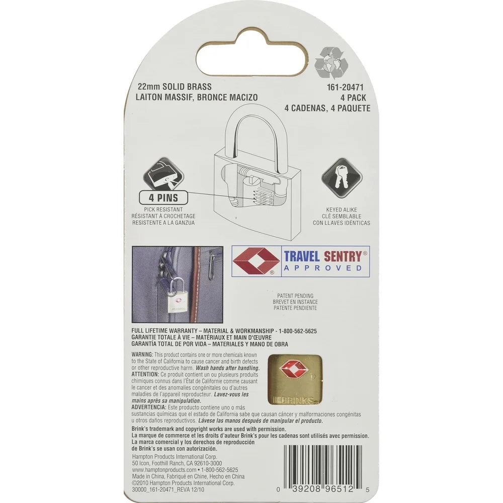 TSA Approved Solid Brass Travel Padlocks 4 Pack Keyed Alike Corrosion Resistant Luggage Locks with Cut Resistant Shackle