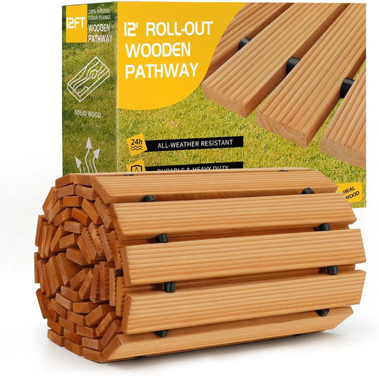 12FT Wooden Garden Pathway，Roll Out Wooden Pathway Weather-Resistant Walkway for Outdoor Patios 17" W