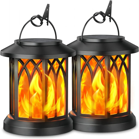 2 Pack Upgraded Flickering Flame Solar Lanterns Lights Outdoor, Solar Hanging Lights Outdoor for Garden, Bronze/Black